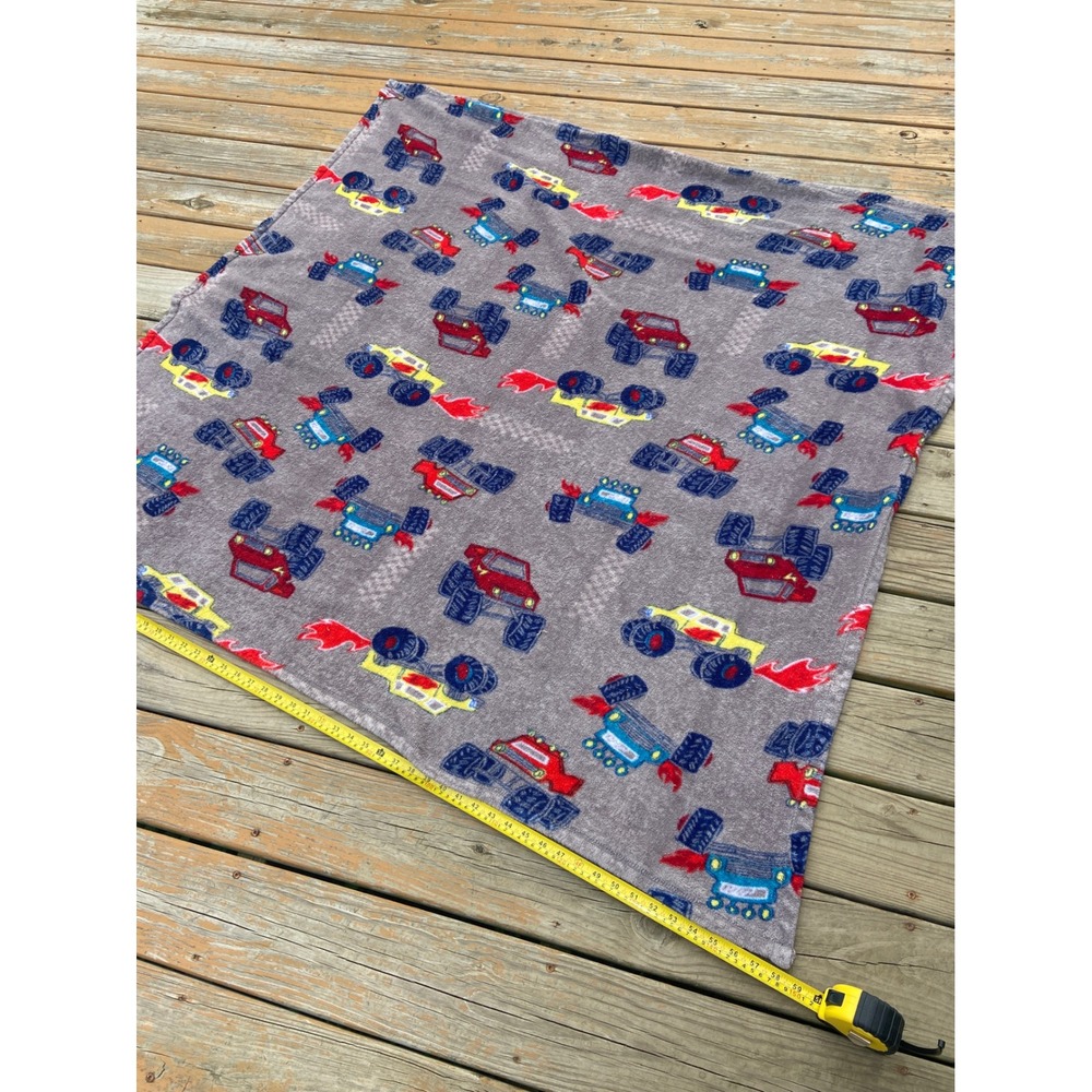 Kids Monster Truck Fleece Throw Blanket Gray Red Blue Yellow 58x42